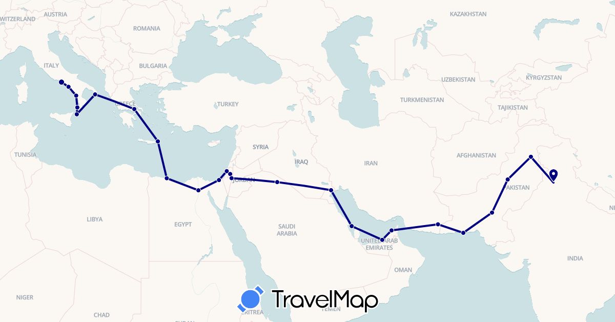 TravelMap itinerary: driving in United Arab Emirates, Bahrain, Egypt, Greece, Israel, India, Iraq, Iran, Italy, Pakistan, Saudi Arabia (Africa, Asia, Europe)