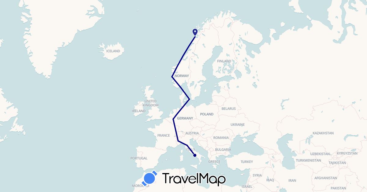 TravelMap itinerary: driving in Germany, Denmark, Italy, Netherlands, Norway (Europe)