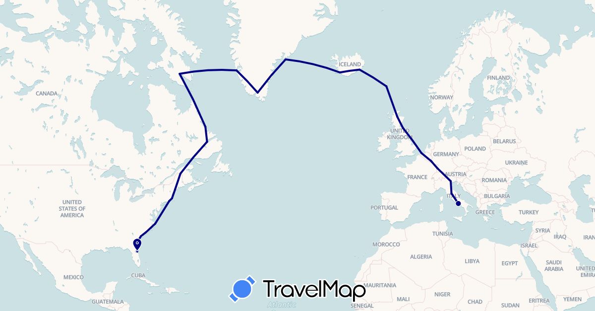 TravelMap itinerary: driving in Belgium, Canada, Germany, Faroe Islands, United Kingdom, Greenland, Iceland, Italy, Luxembourg, United States (Europe, North America)